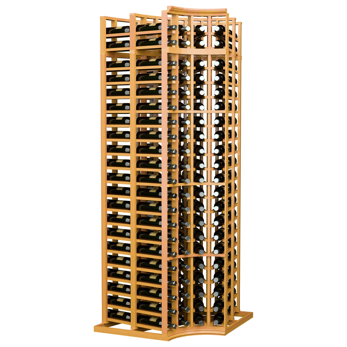 Wine bottle storage rack with curved corner and divided bottle slots in honey wood