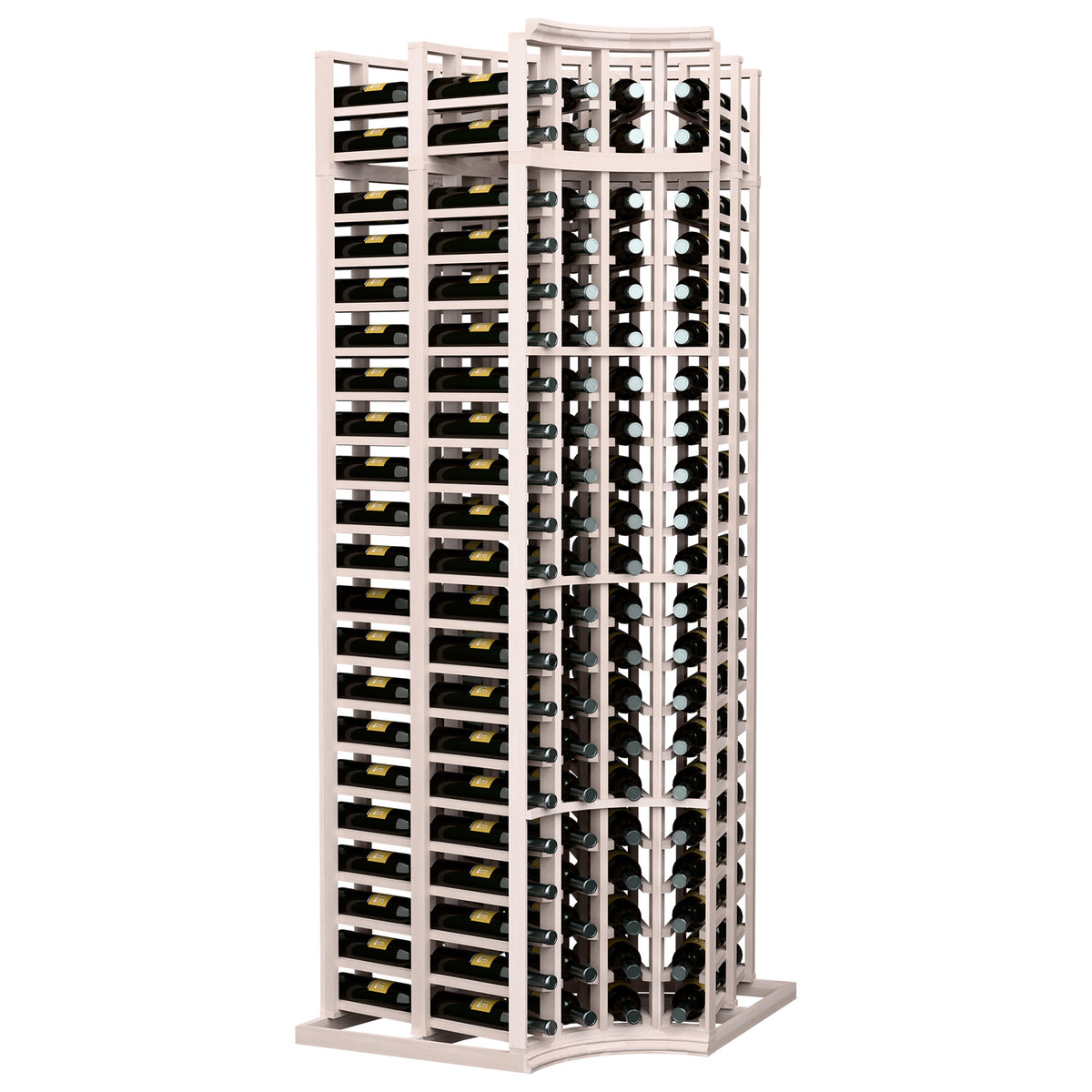 Wine bottle storage rack with curved corner, greyish frame, divided bottle rows