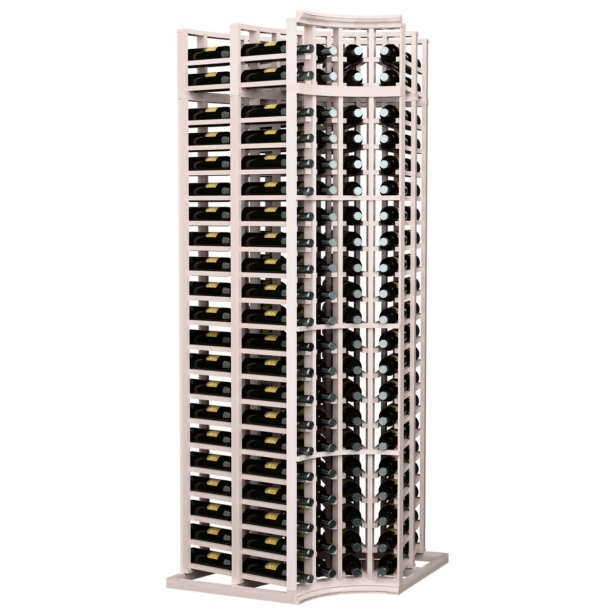Wine bottle storage rack with curved corner and divided bottle rows in grey wood