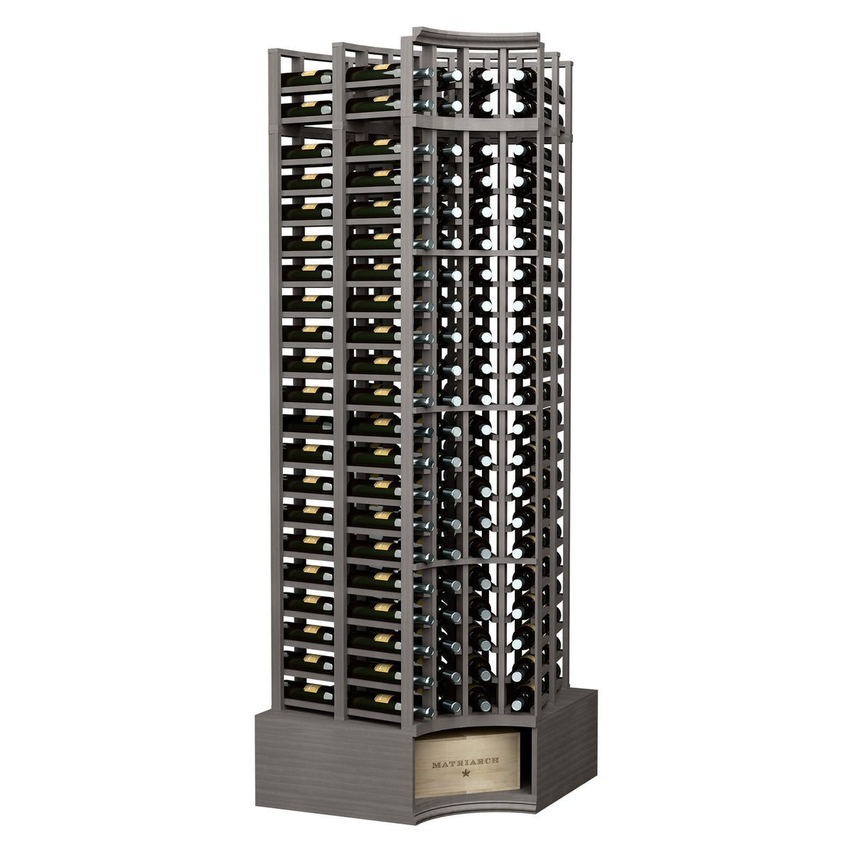 8ft curved corner double-deep wine rack, 4-column design, dark wood, bottle slots