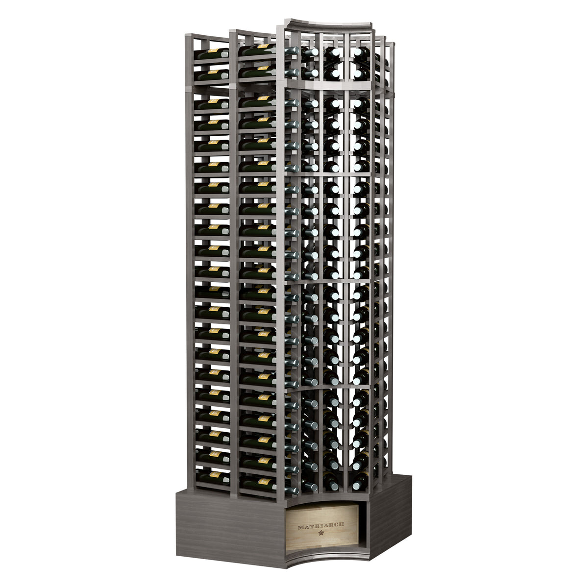 8ft curved corner double-deep wine rack with 4 columns, dark finish, curved top