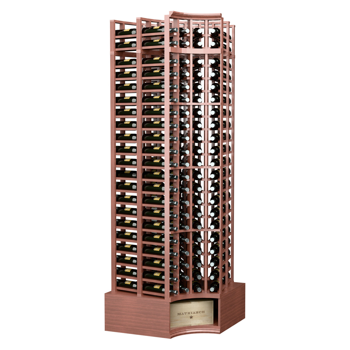8ft curved corner double-deep wine rack with 4 columns, warm wood tones, bottle rows