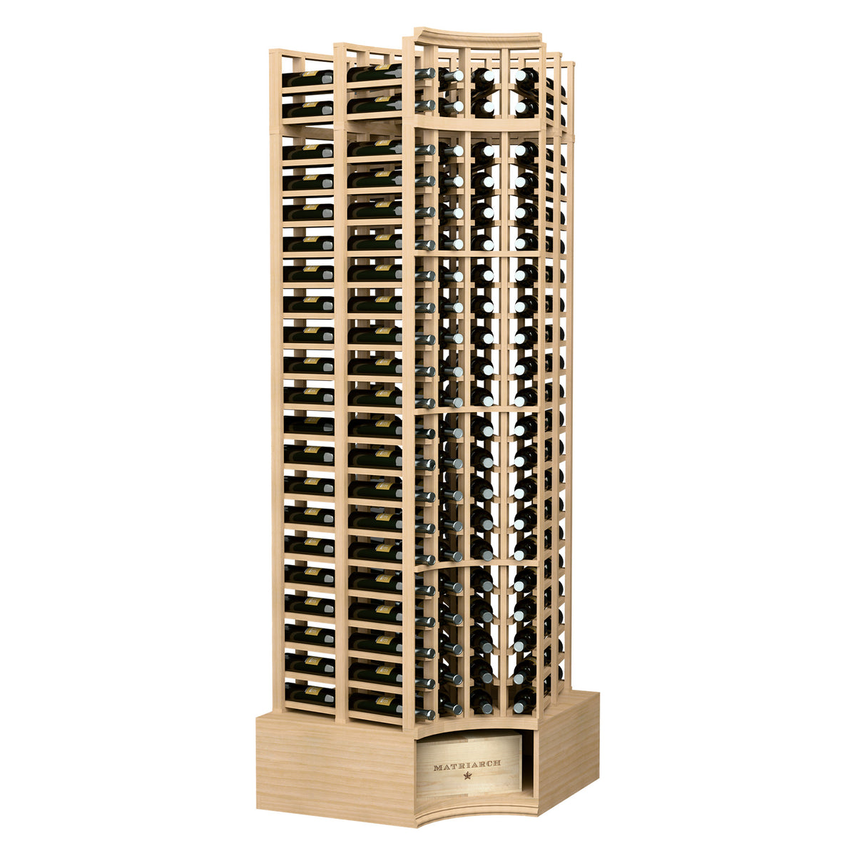 8ft curved corner double-deep wine rack, 4 columns, light wood, curved top frame