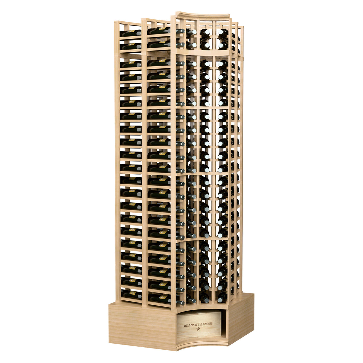 8ft curved corner double-deep wine rack with 4 columns, pale finish, wine bottle slots