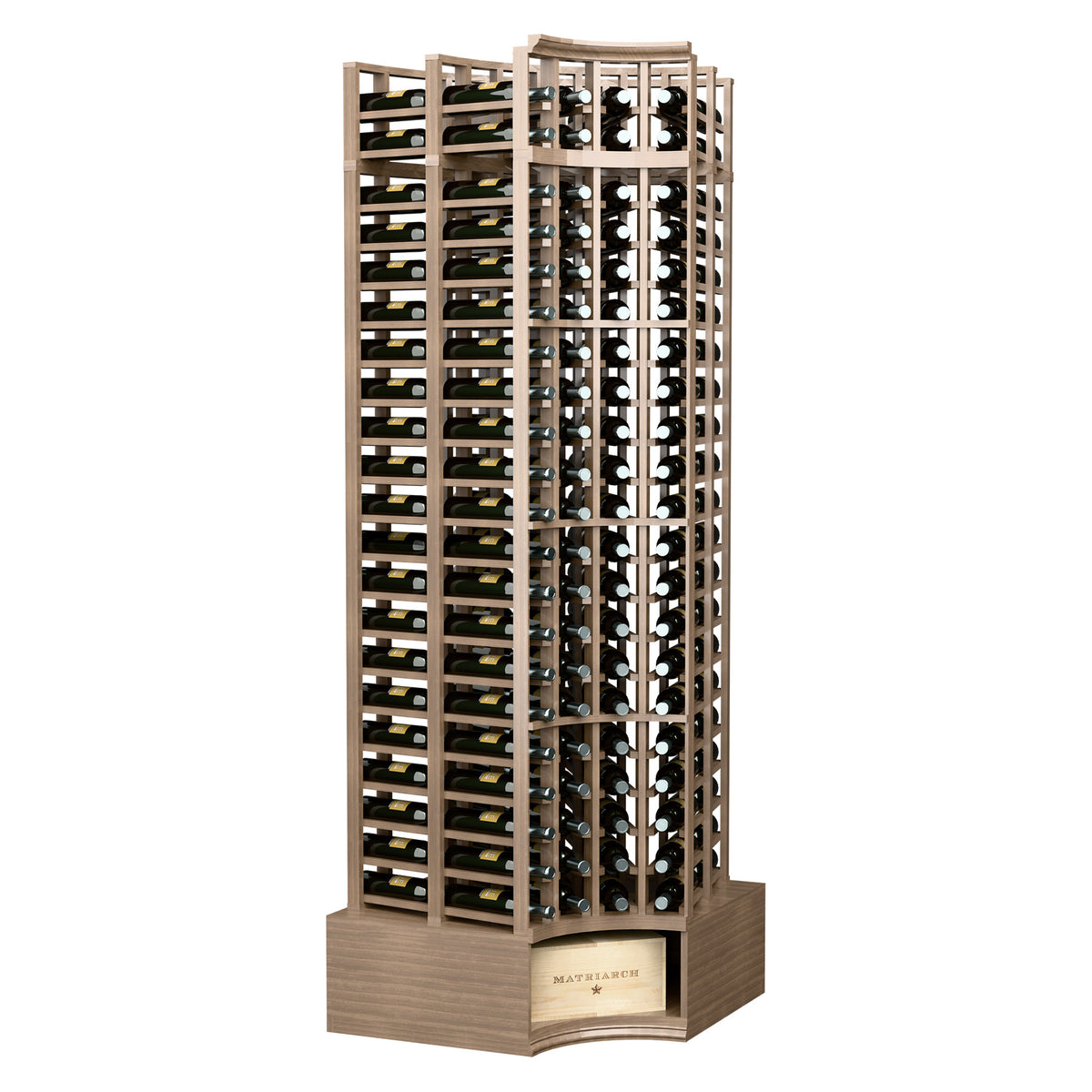 8ft curved corner double-deep wine rack with 4 columns, dark wood, curved front