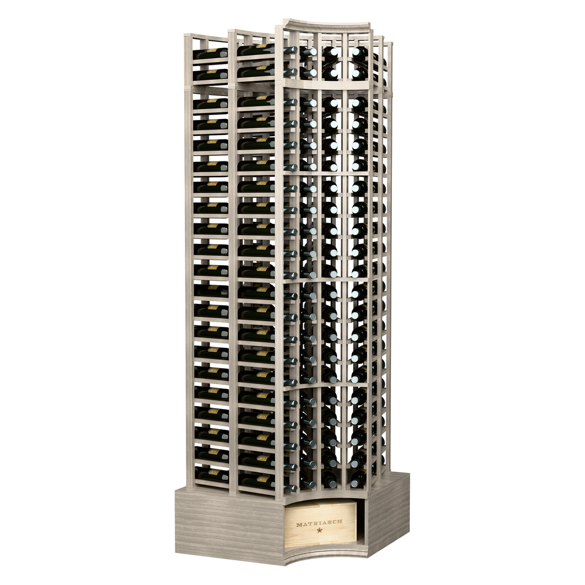 Curved-corner wine bottle rack with double-deep, 4-column slots, light gray finish.