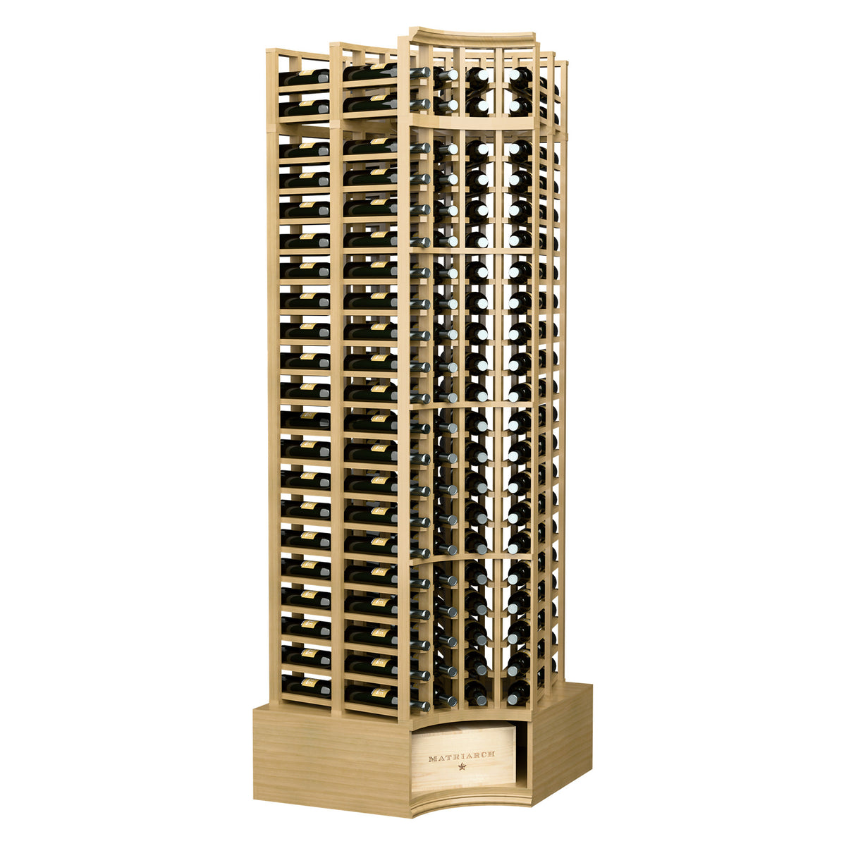 Curved-corner wine bottle rack with double-deep, 4-column slots, natural wood finish.