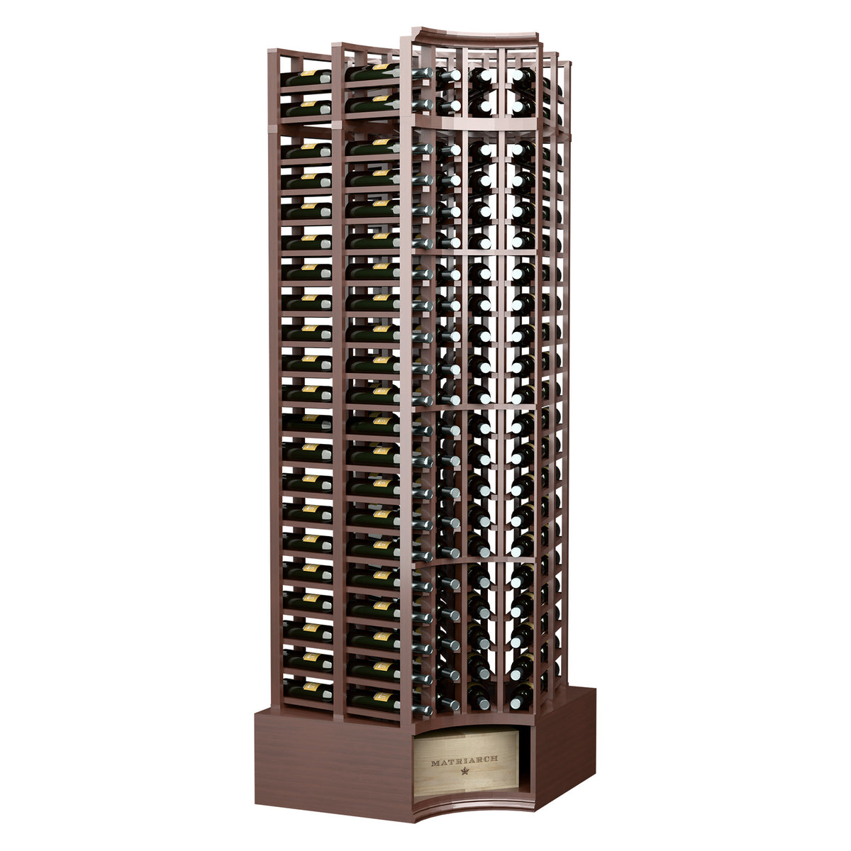 Curved-corner wine bottle rack with double-deep, 4-column slots, dark brown finish.