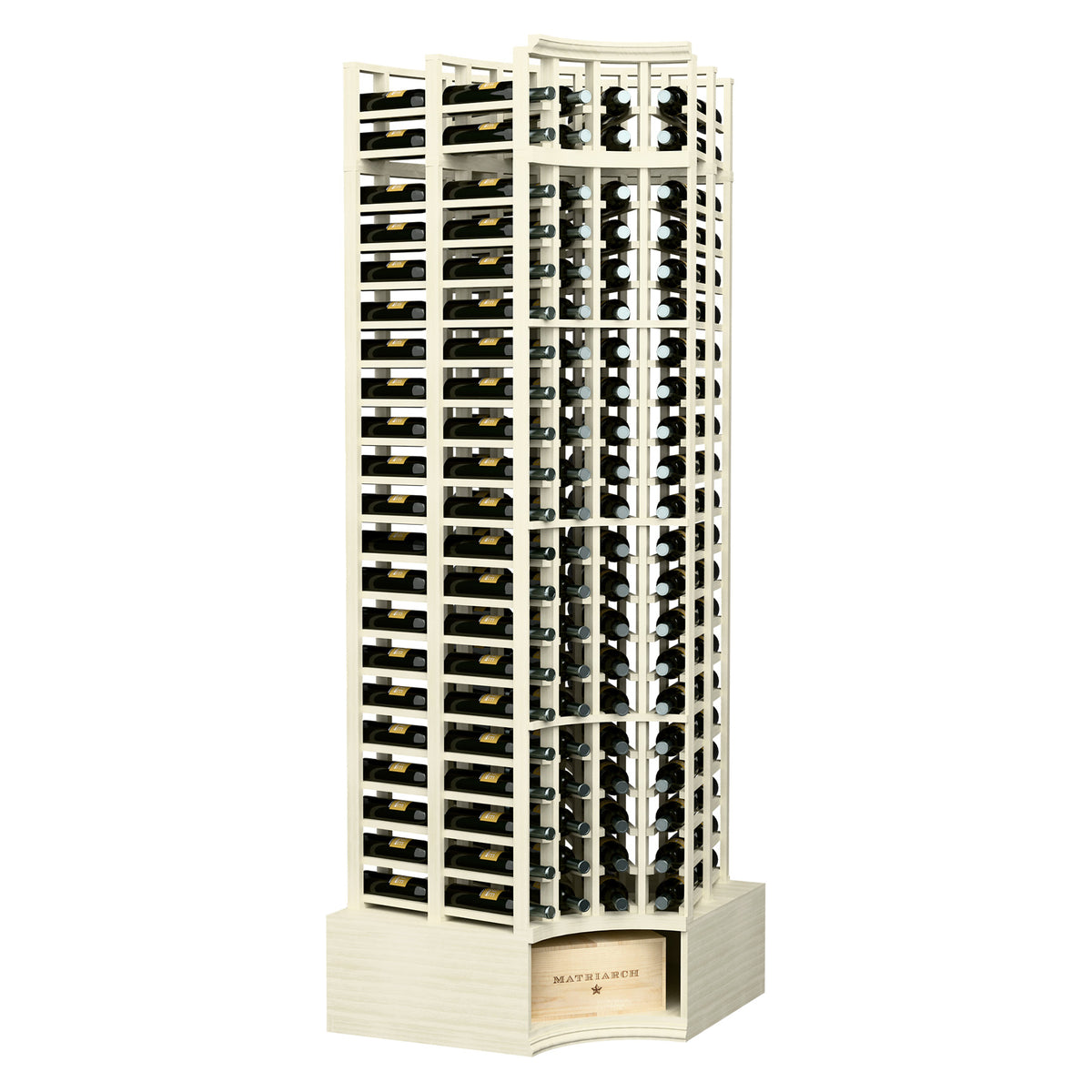 Curved-corner wine bottle rack with double-deep, 4-column slots, white finish.