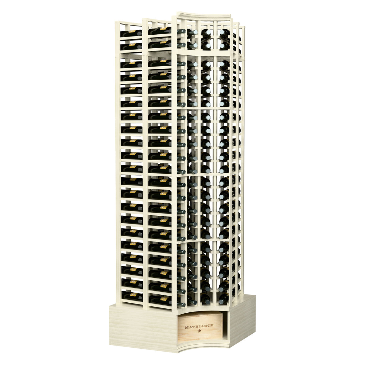 Curved-corner wine bottle rack with double-deep, 4-column slots, white finish.