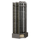 Curved corner double-deep wine rack, dark metal lattice with 4 columns and curved top.