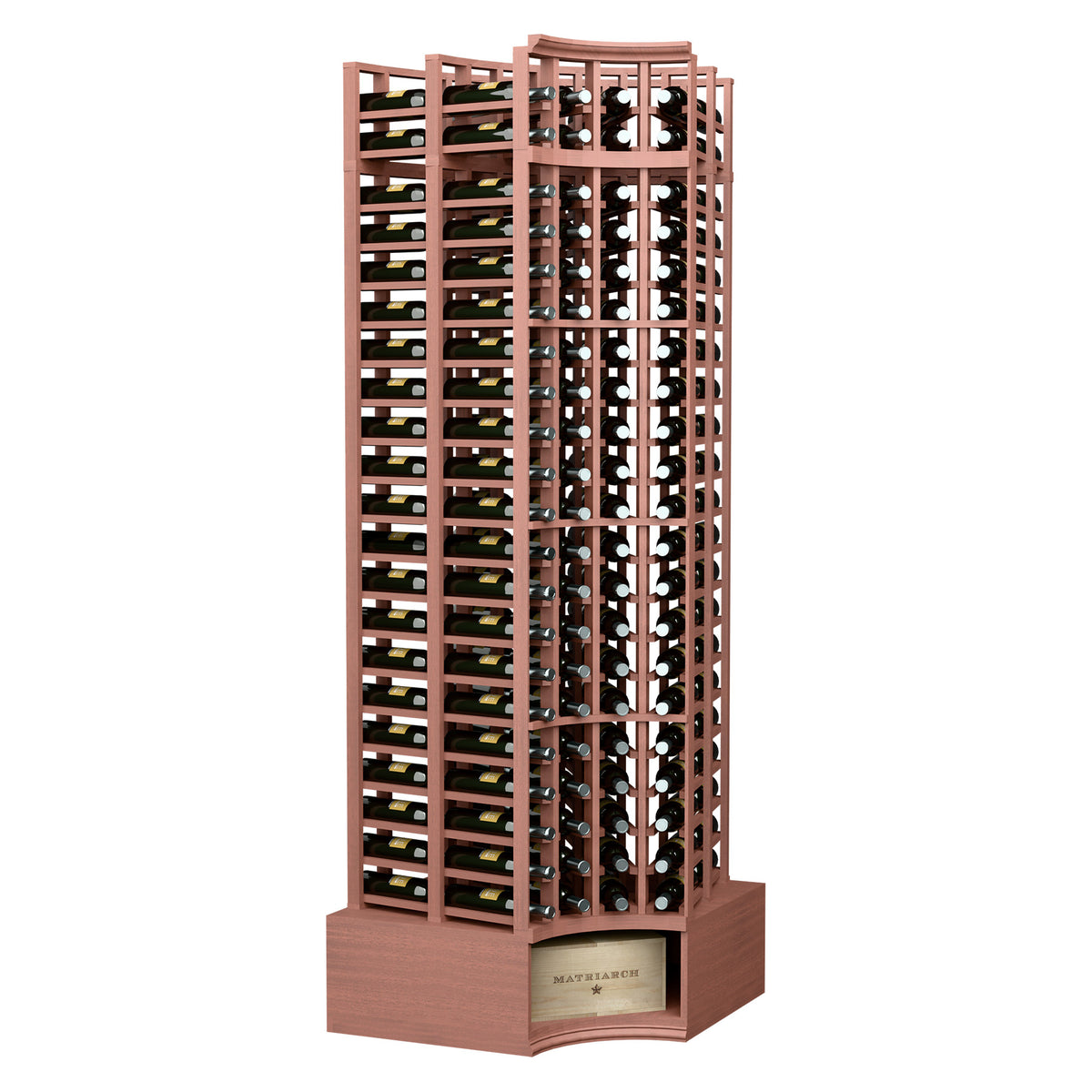 Curved corner double-deep wine rack, warm reddish-brown wood with 4 columns and curved base.