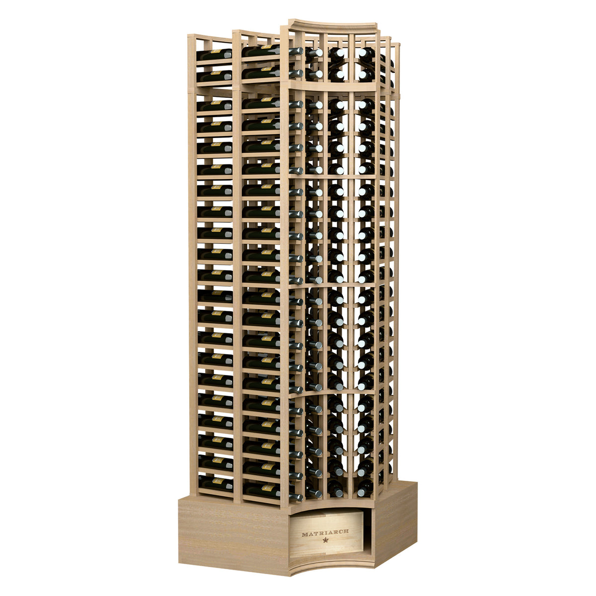 Curved corner double-deep wine rack, light wood lattice with 4 columns and curved top.