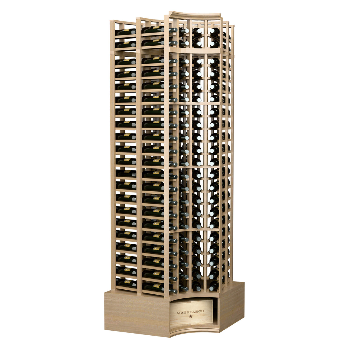 Curved corner double-deep wine rack, light wood finish with 4 columns and front label panel.