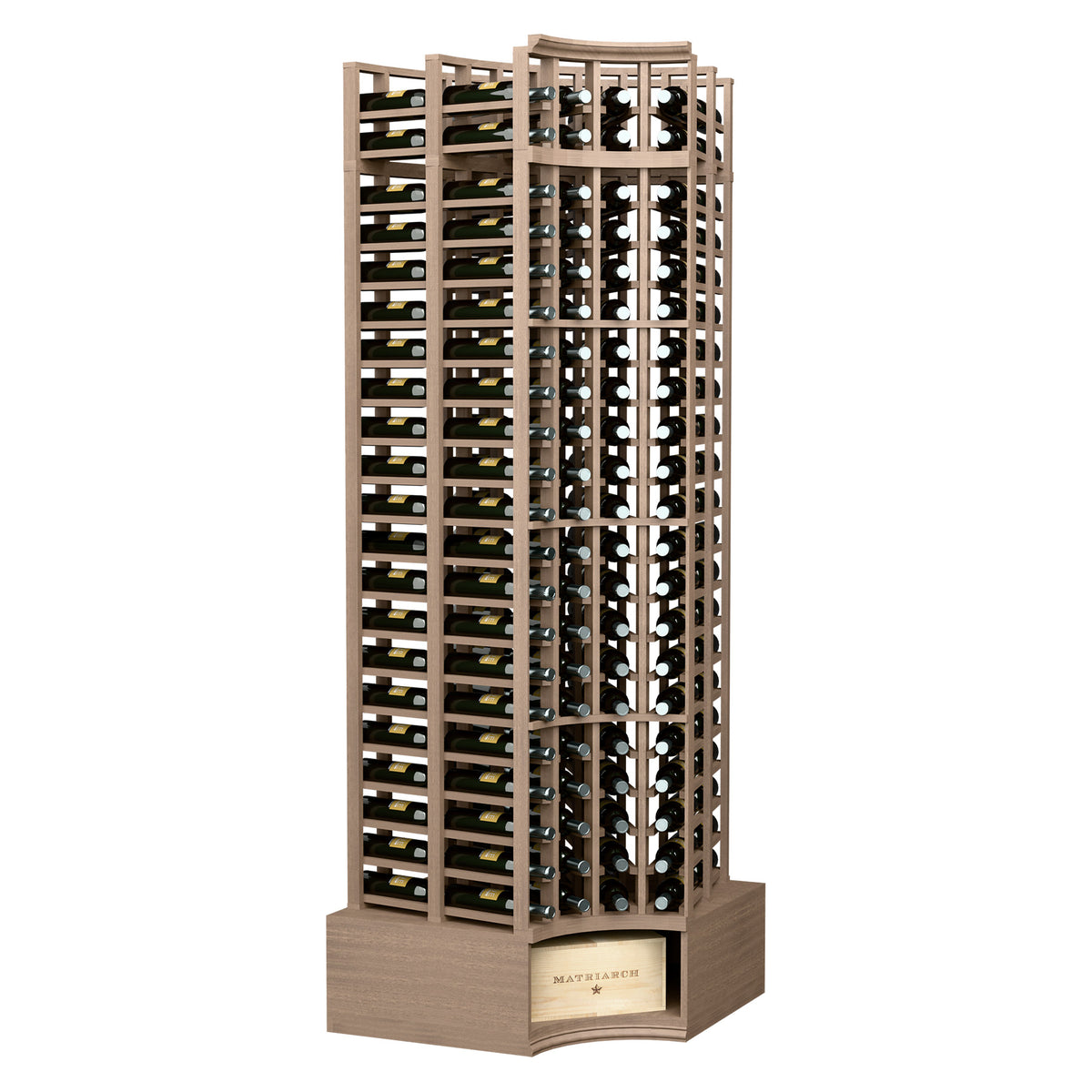 Curved corner double-deep wine rack, natural-toned wood lattice with 4 columns and curved base.