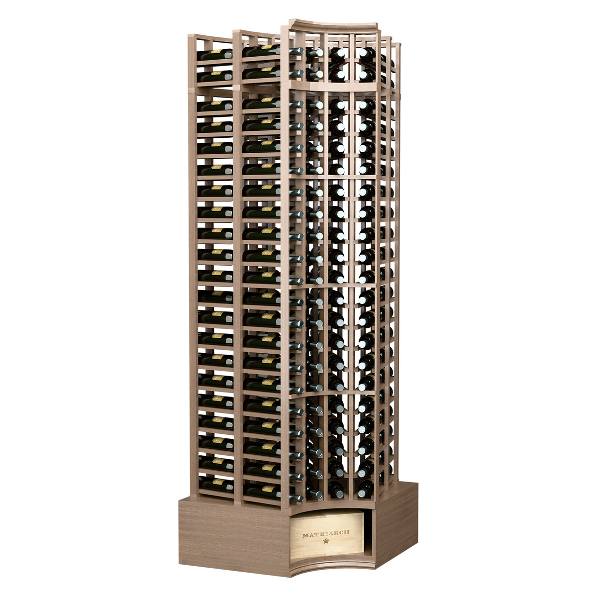 Curved corner double-deep wine rack, natural wood frame with 4 columns and bottle storage grid.