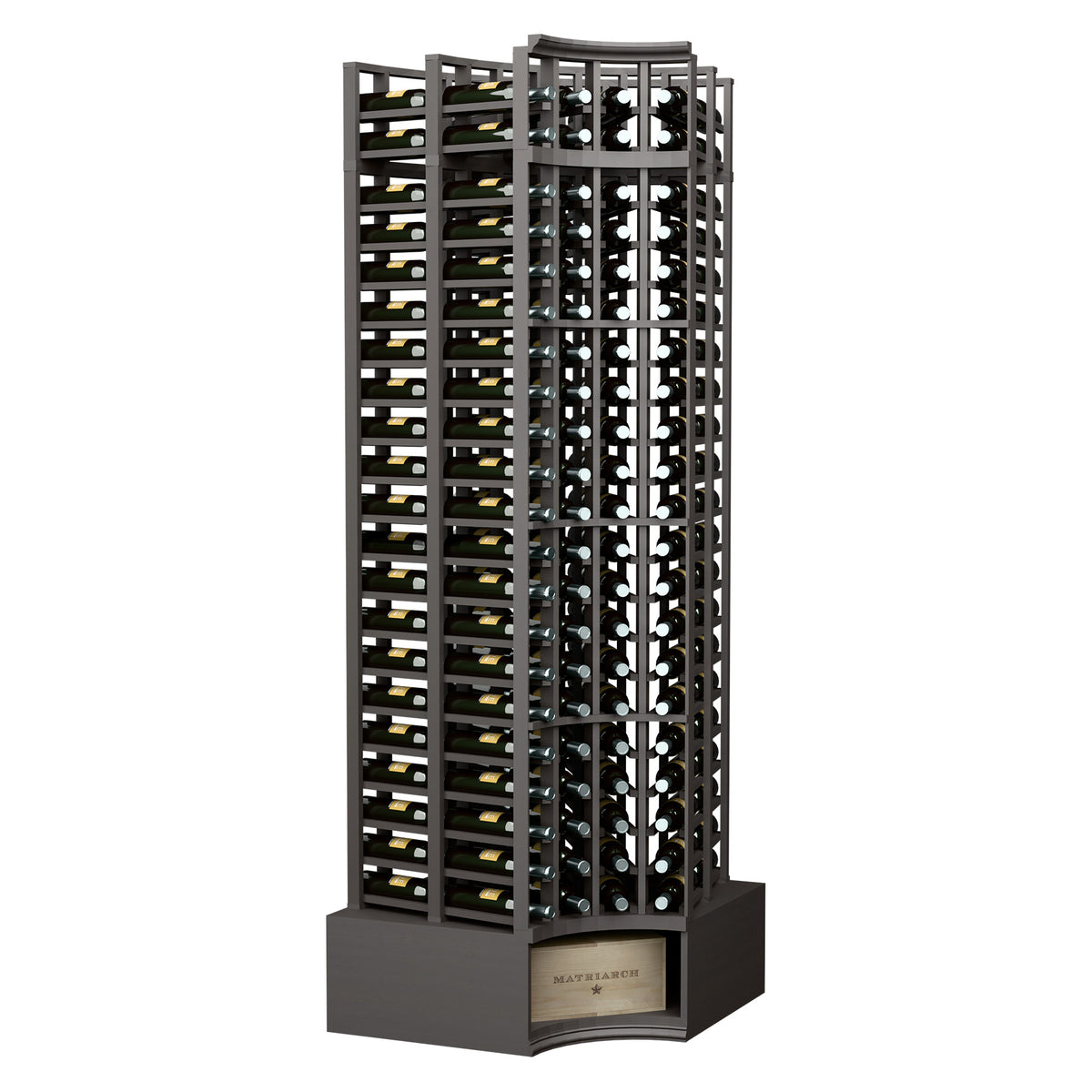 Curved corner double-deep wine rack, dark metal lattice with 4 columns and curved front base.