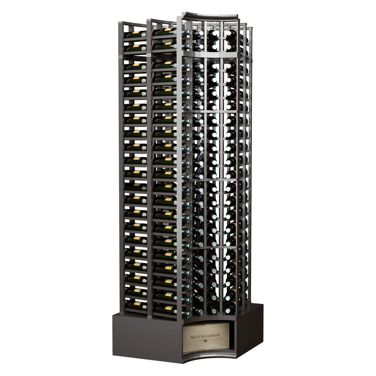 Curved corner double-deep wine rack, dark finished frame with 4 columns and front label panel.