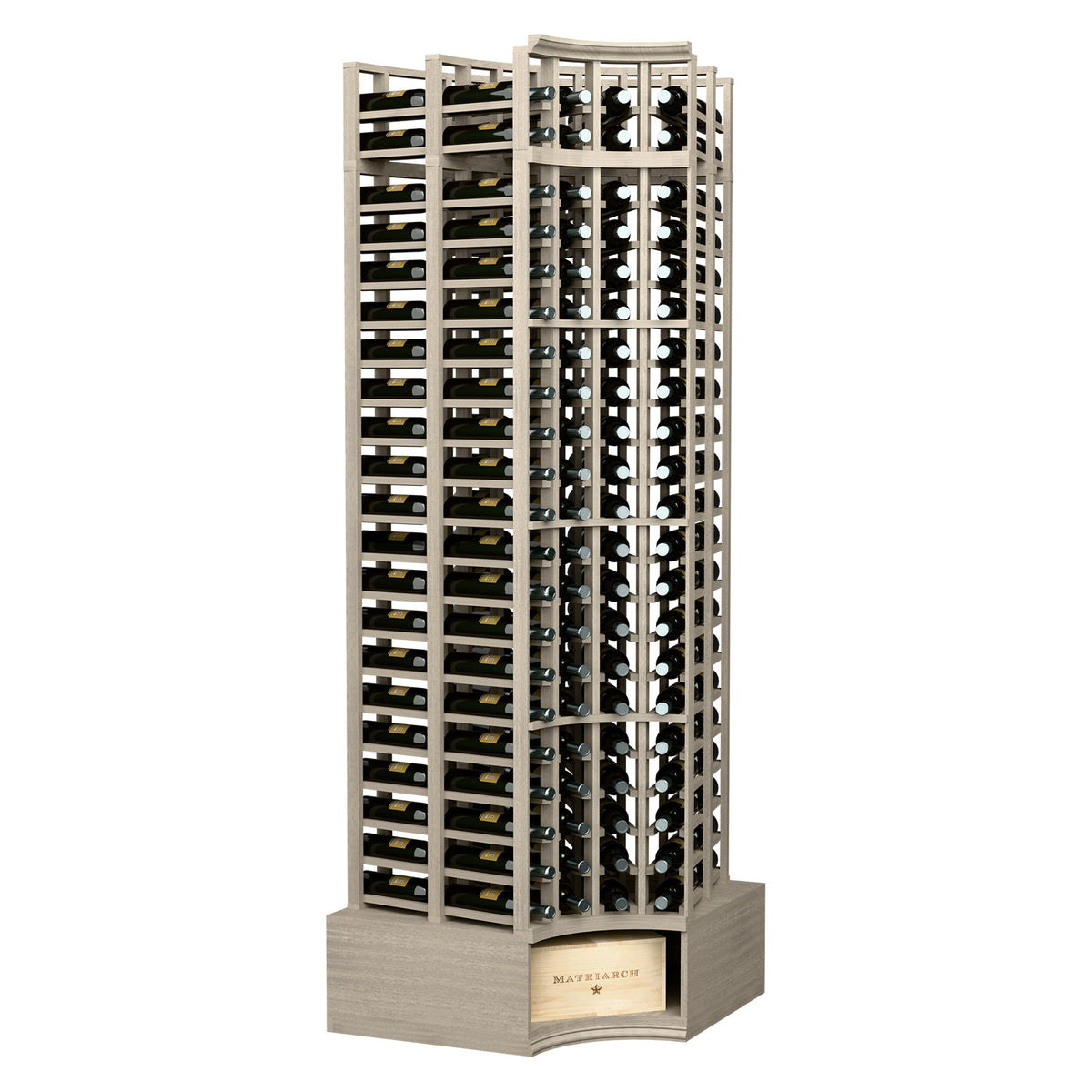 Curved-corner double deep 8ft wine rack, dark stained wood with grid bottle slots