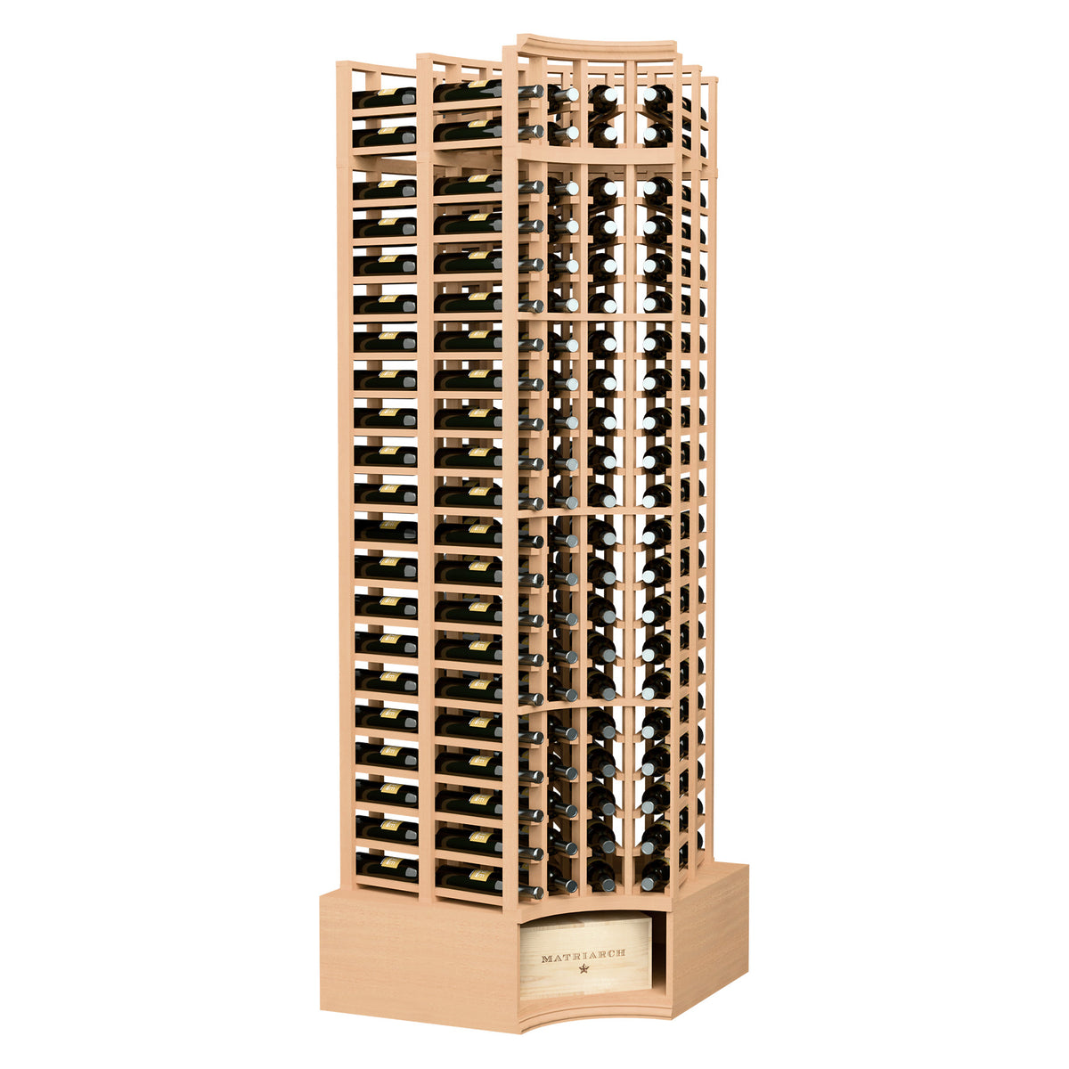 Curved-corner double deep 8ft wine rack, light natural wood with bottle slots