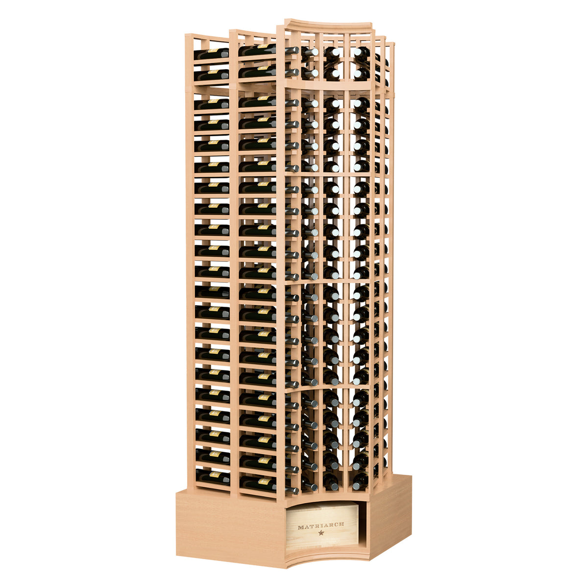 Curved-corner double deep 8ft wine rack, warm light wood with bottle holder grid