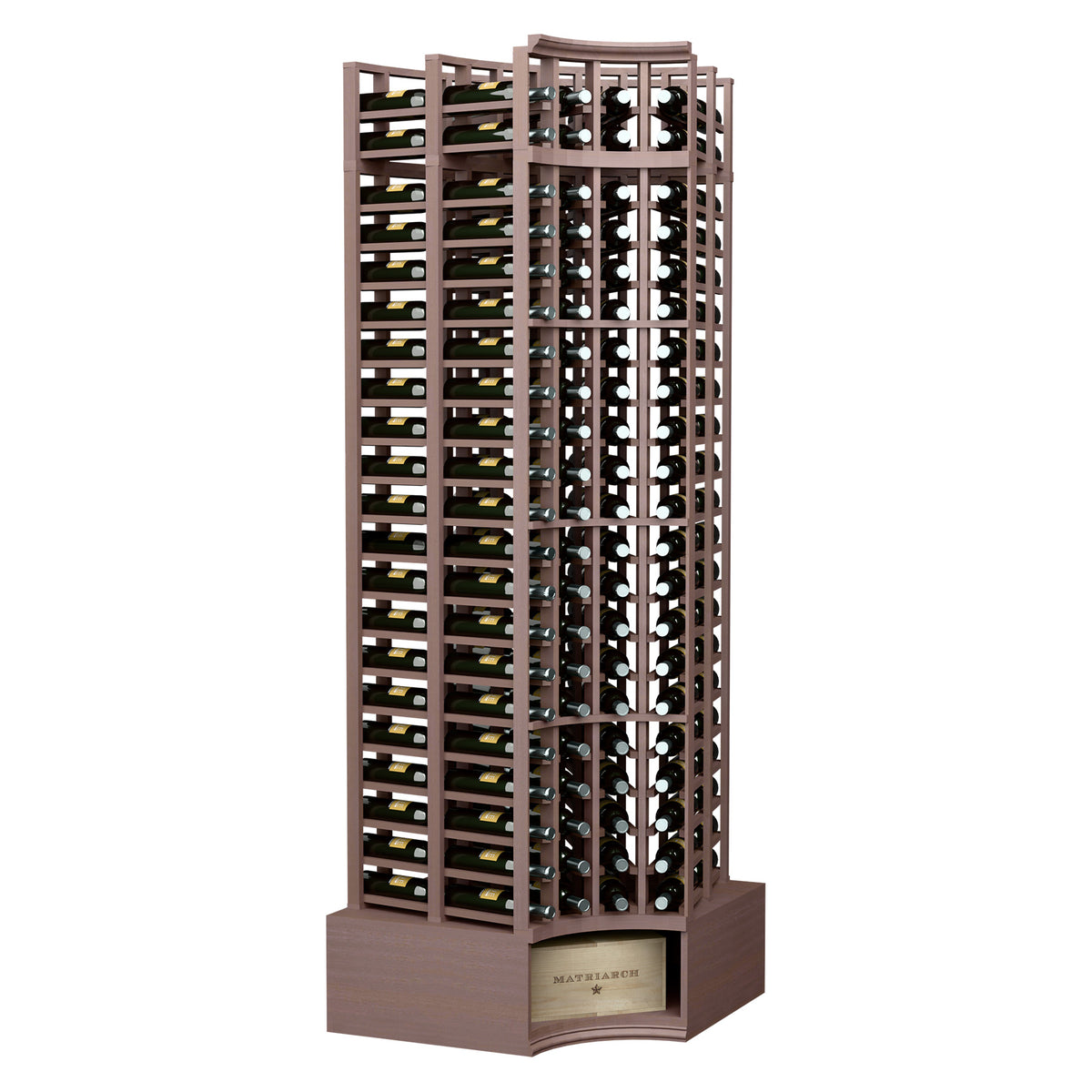 Curved-corner double deep 8ft wine rack, medium dark stained wood with bottle slots