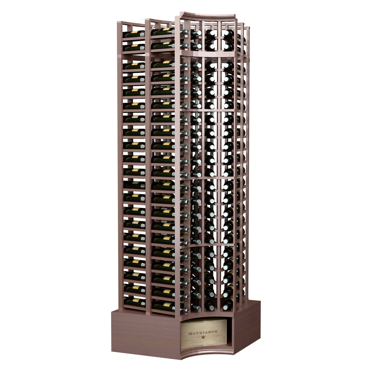 Curved-corner double deep 8ft wine rack, dark brown stained wood with bottle holder grid
