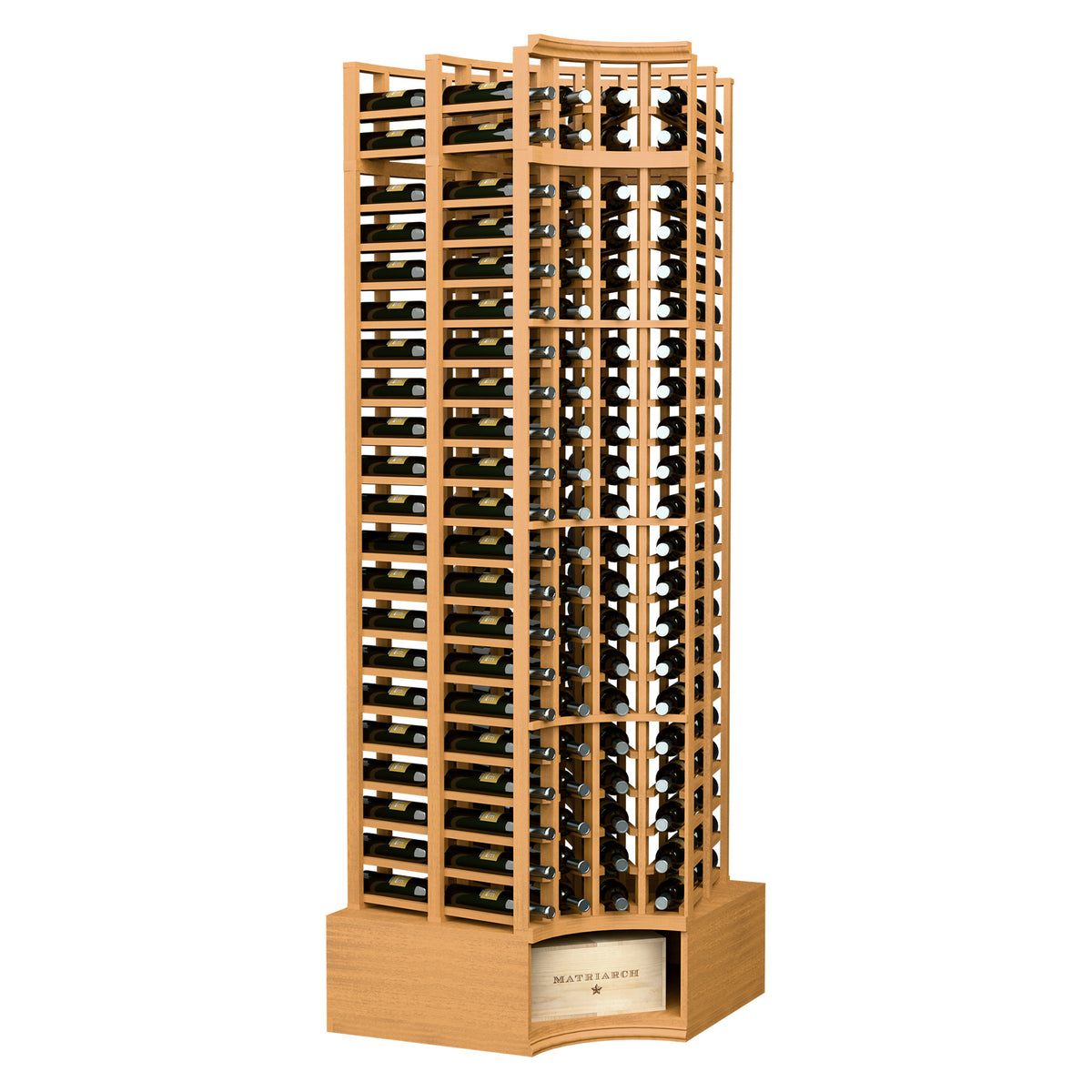 Curved-corner double deep 8ft wine rack, honey-toned wood with bottle slots