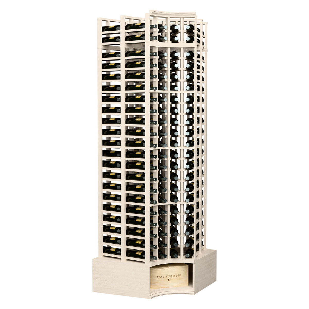 Curved-corner double deep 8ft wine rack, light grey stained wood with bottle slots
