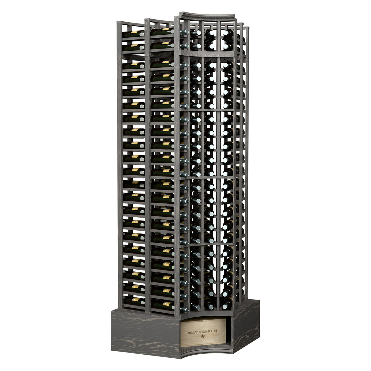 Dark wine bottle rack with curved corner, four columns, double-deep grid