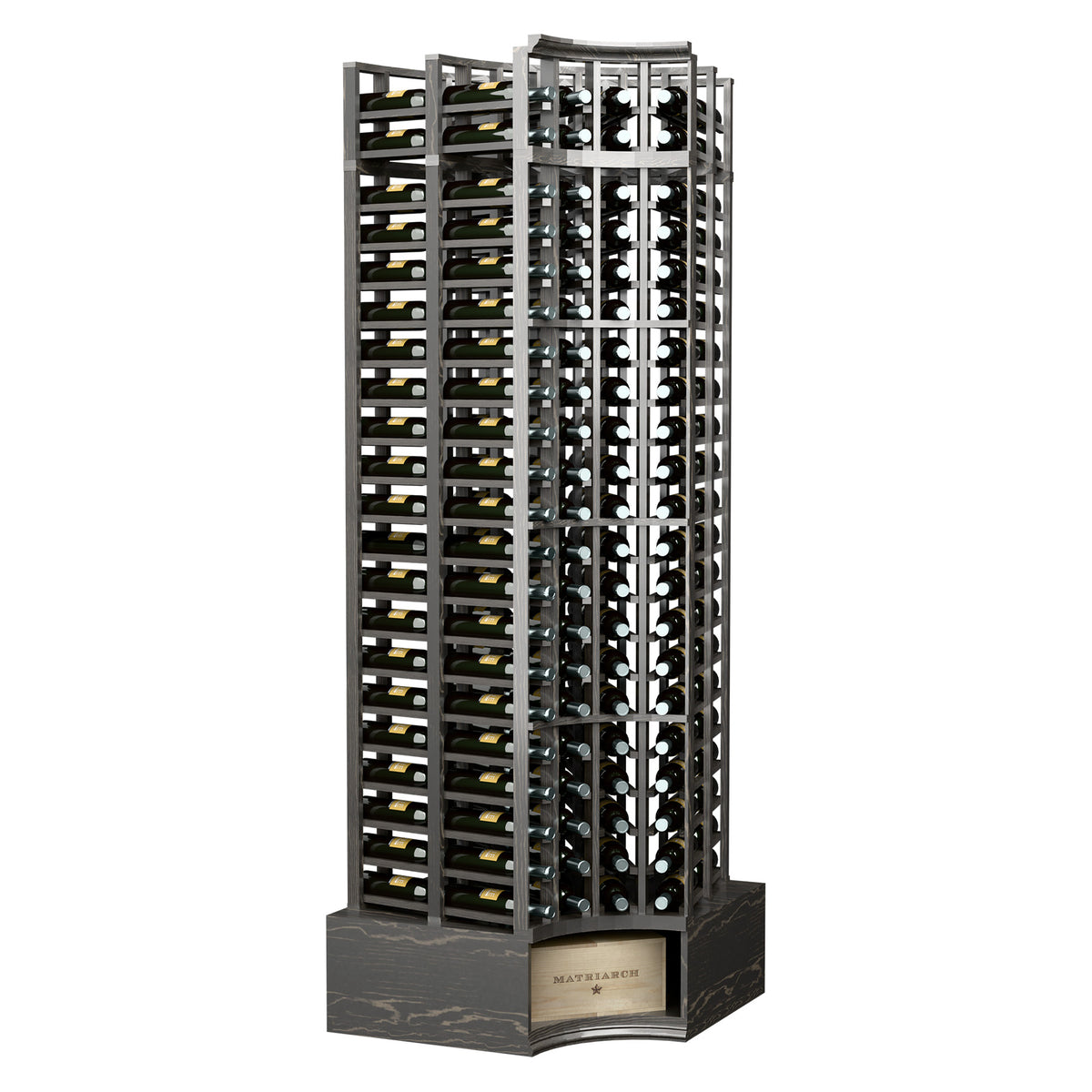Dark curved corner wine rack with four columns, double-deep open lattice sides