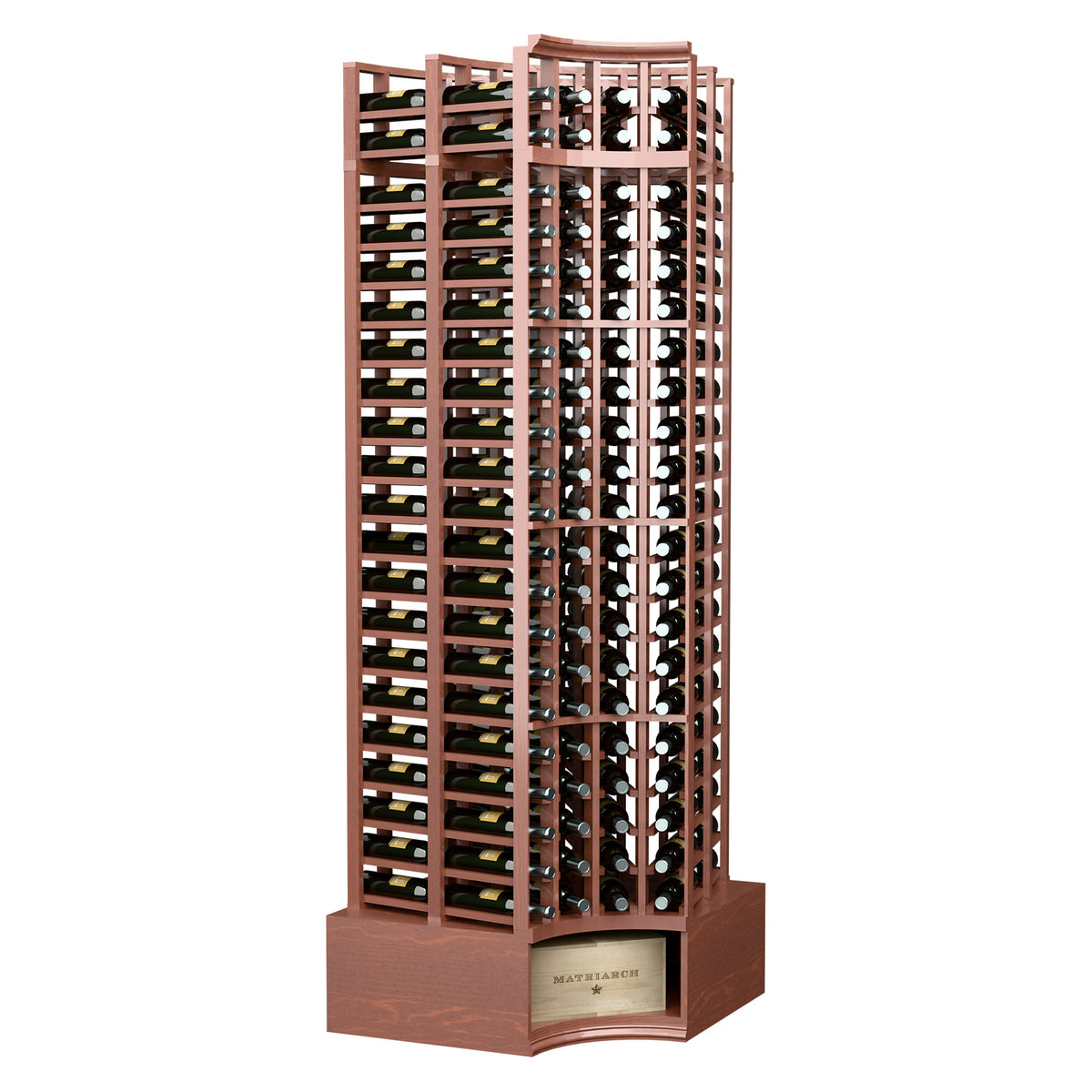 Reddish-brown curved corner wine rack, four-column double-deep, bottle-grid shelves