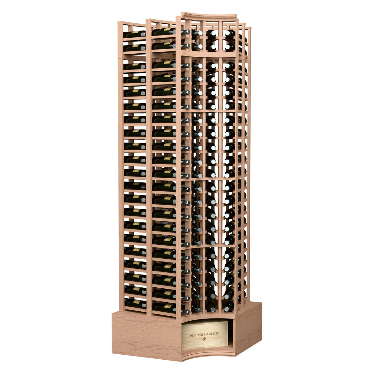 Light tan wine bottle rack with curved top, four columns, double-deep bottle grid