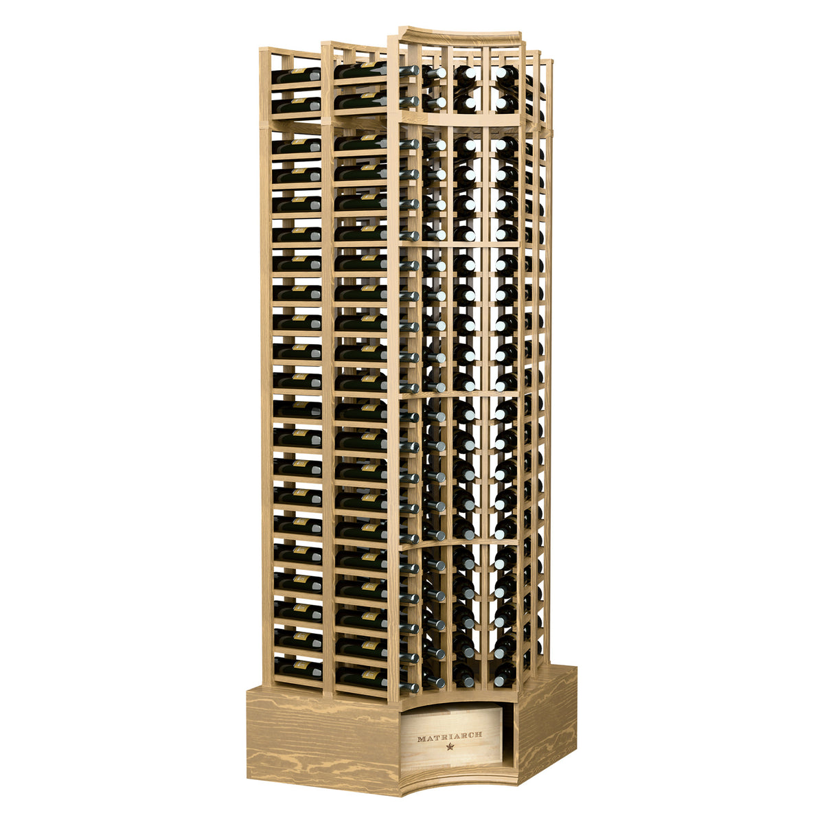 Cream curved corner wine rack with four columns, double-deep bottle-grid shelves
