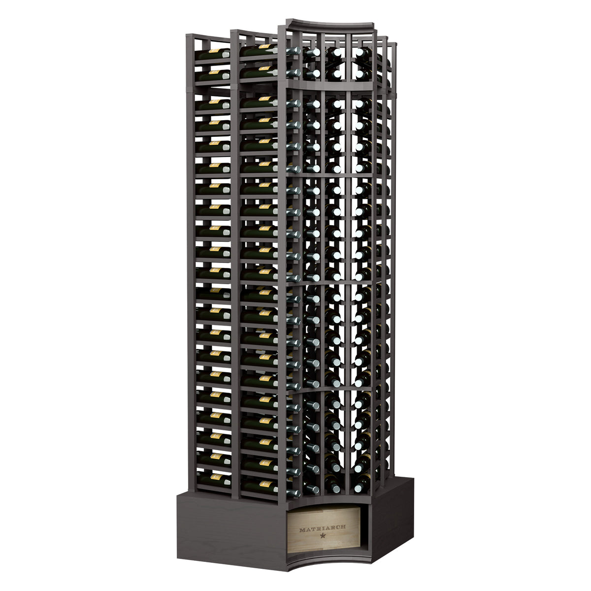 Dark wine bottle rack with curved corner base, four columns, double-deep grid