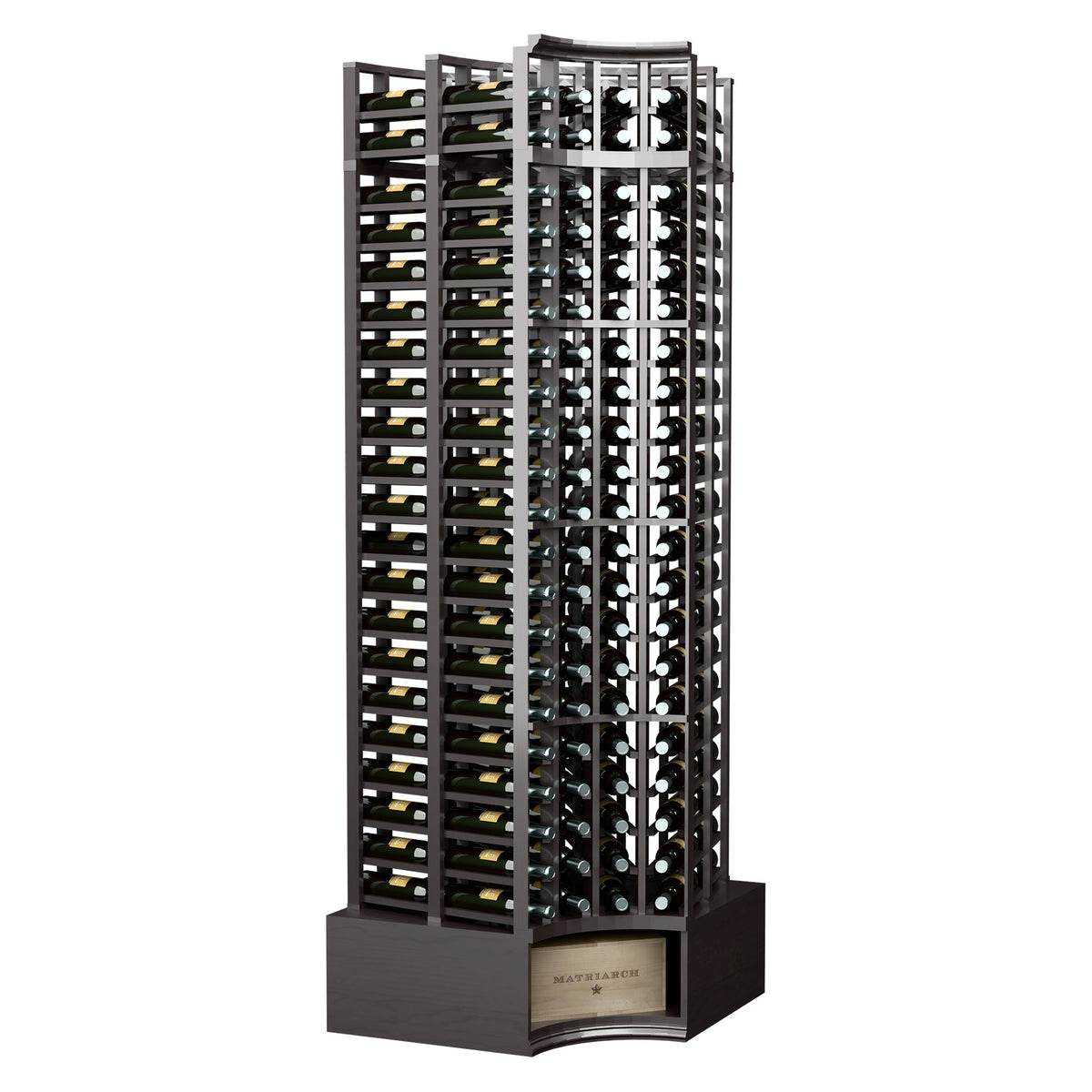 Dark curved corner wine rack with four columns, double-deep open lattice bottle storage