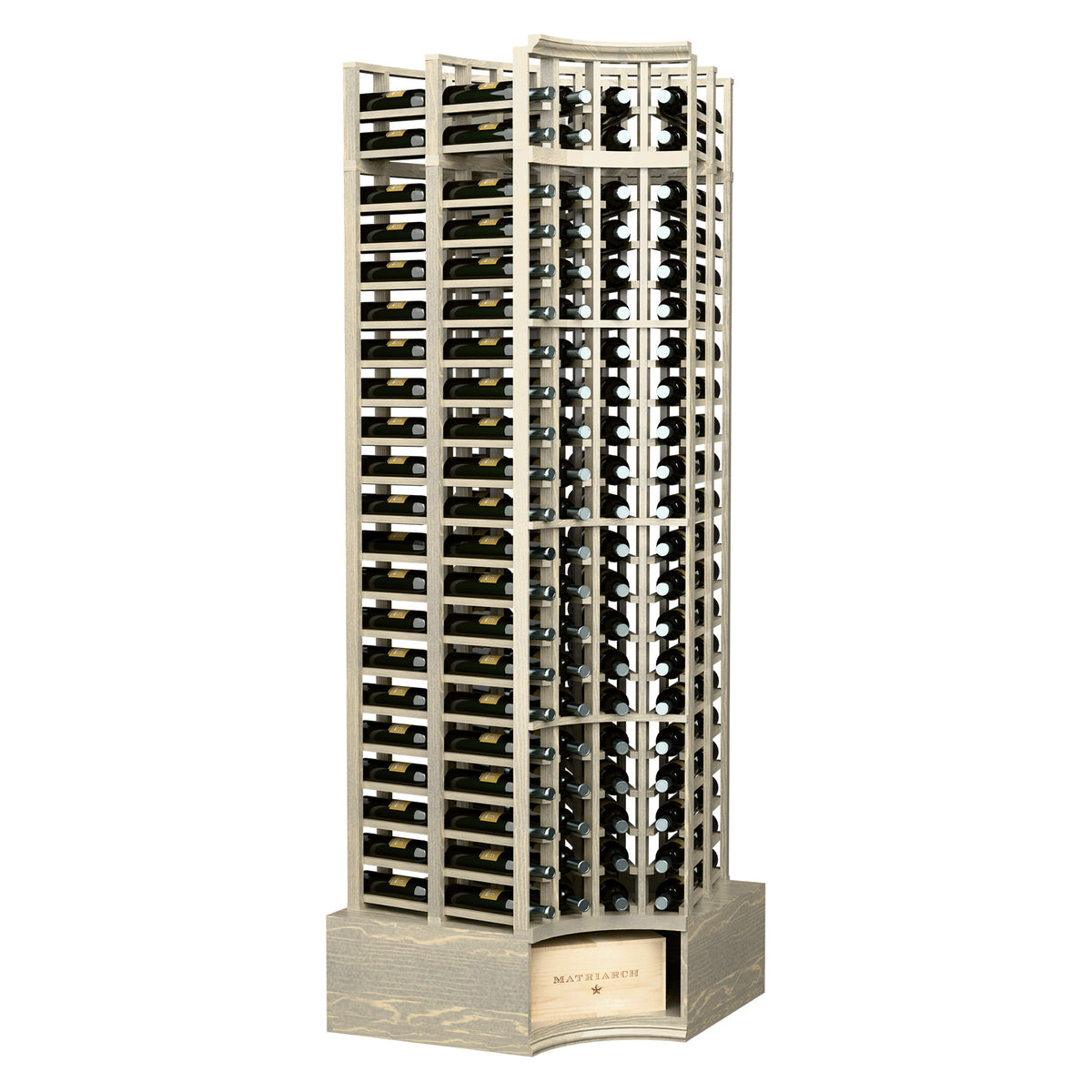Light gray wine rack with curved corner, bottle slots, 4-column double-deep design.