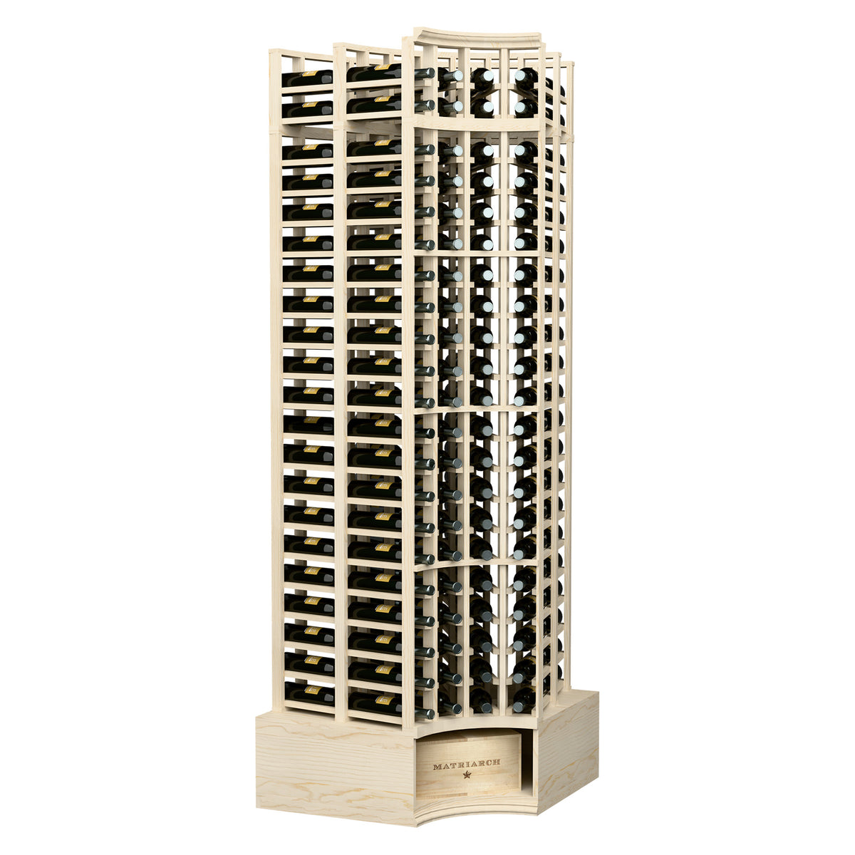 Natural wood wine rack with curved corner, bottle slots, 4-column double-deep design.