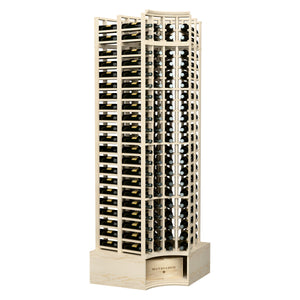 Natural wood wine rack with curved corner, bottle slots, 4-column double-deep design.