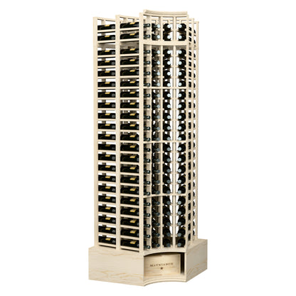 Natural wood wine rack with curved corner, bottle slots, 4-column double-deep design.