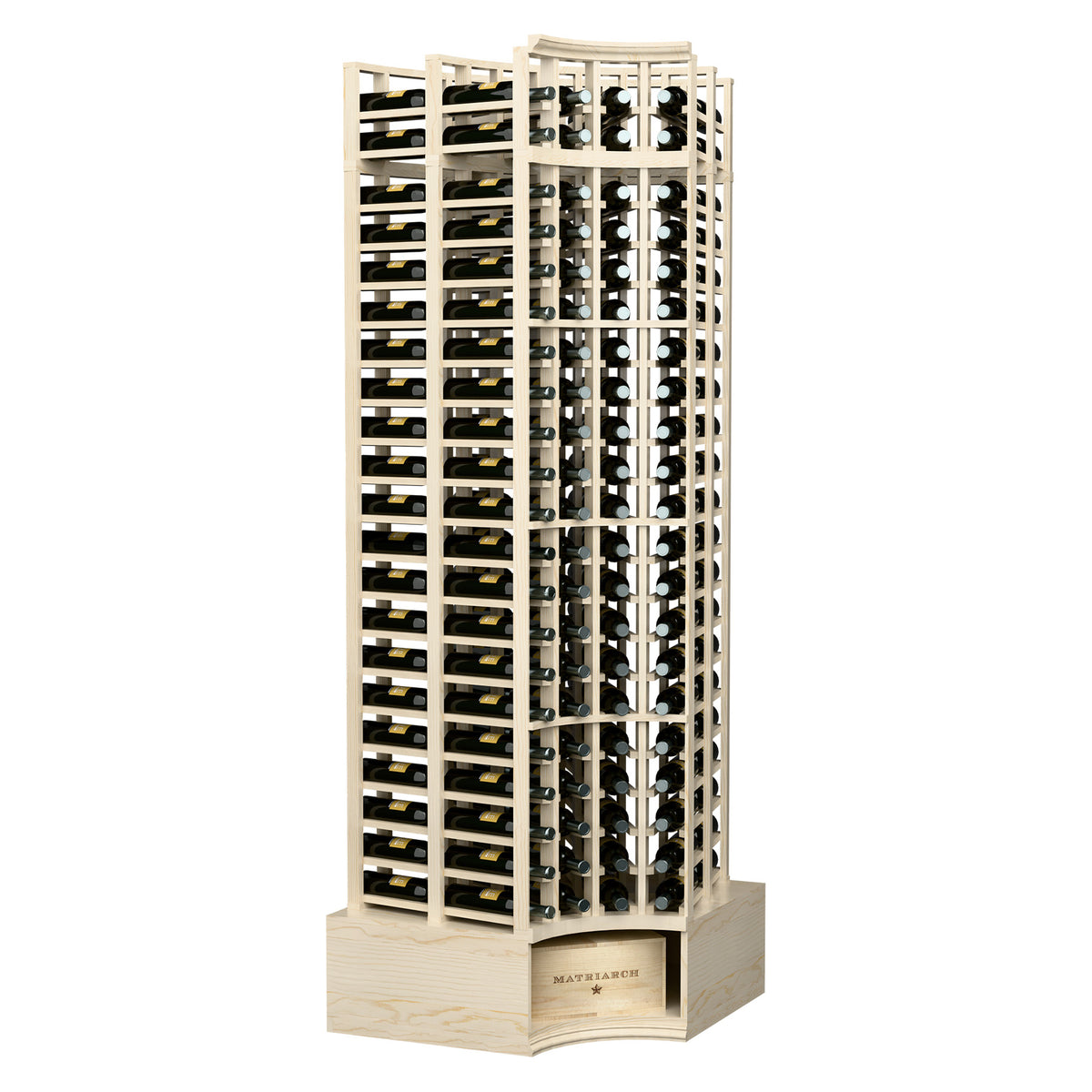 Light wood wine rack with curved corner, bottle slots, 4-column double-deep design.