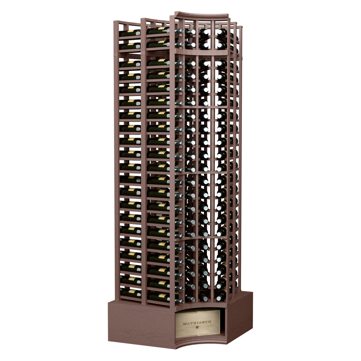 Espresso-brown wood wine rack with curved corner, bottle slots, 4-column double-deep design.