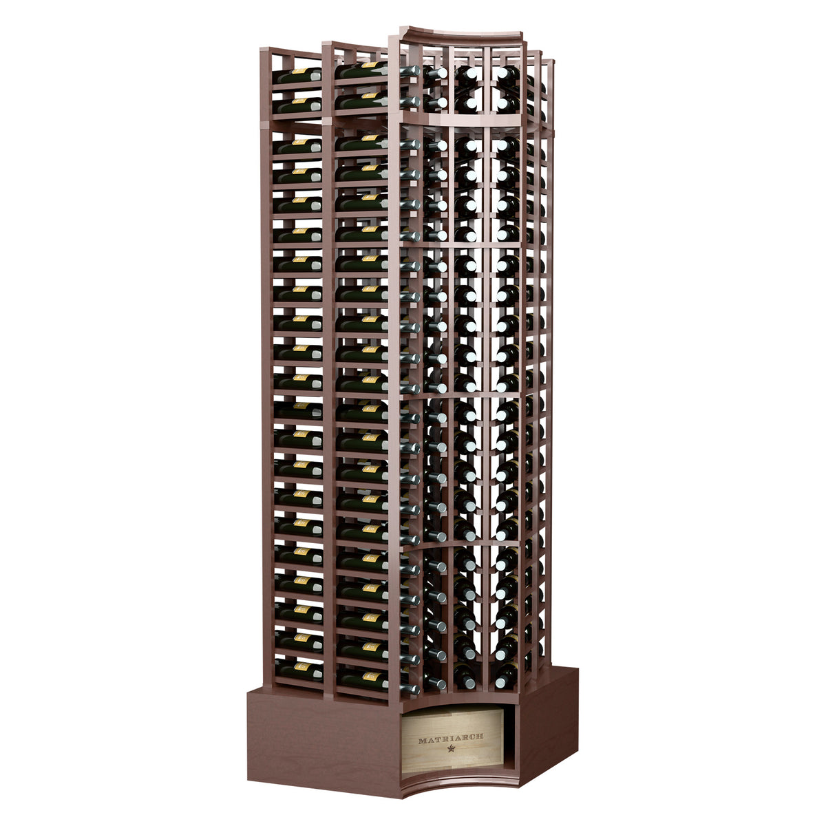 Dark brown wood wine rack with curved corner, bottle slots, 4-column double-deep design.