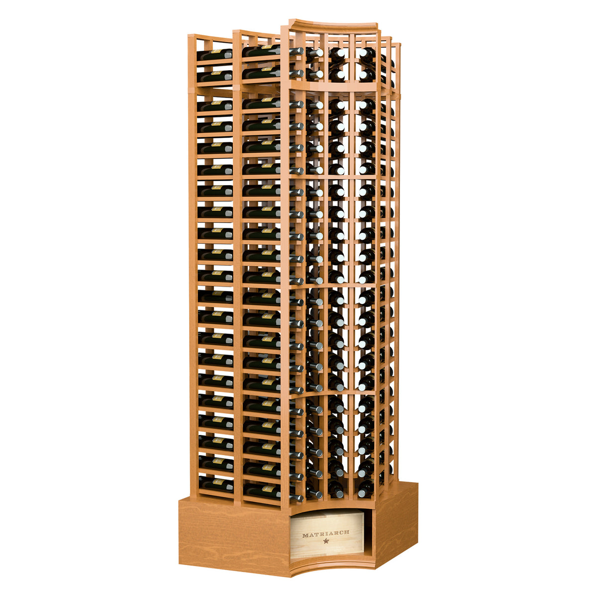 Warm light wood wine rack with curved corner, bottle slots, 4-column double-deep design.