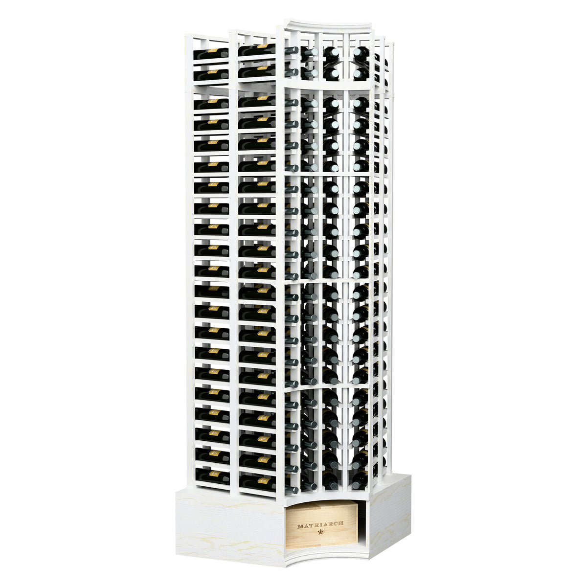 White-painted wood wine rack with curved corner, bottle slots, 4-column double-deep design.