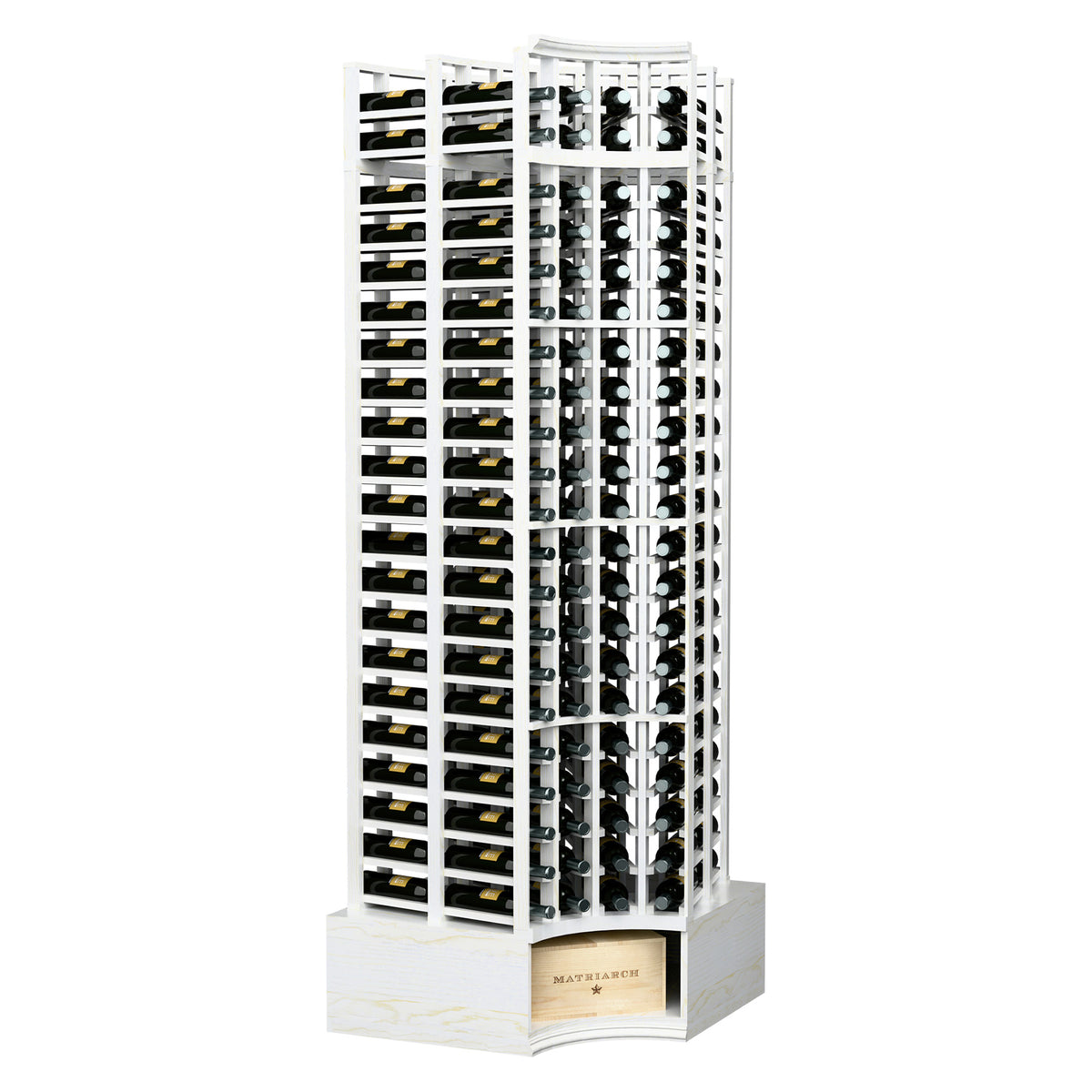 Light gray/white wood wine rack with curved corner, bottle slots, 4-column double-deep design.