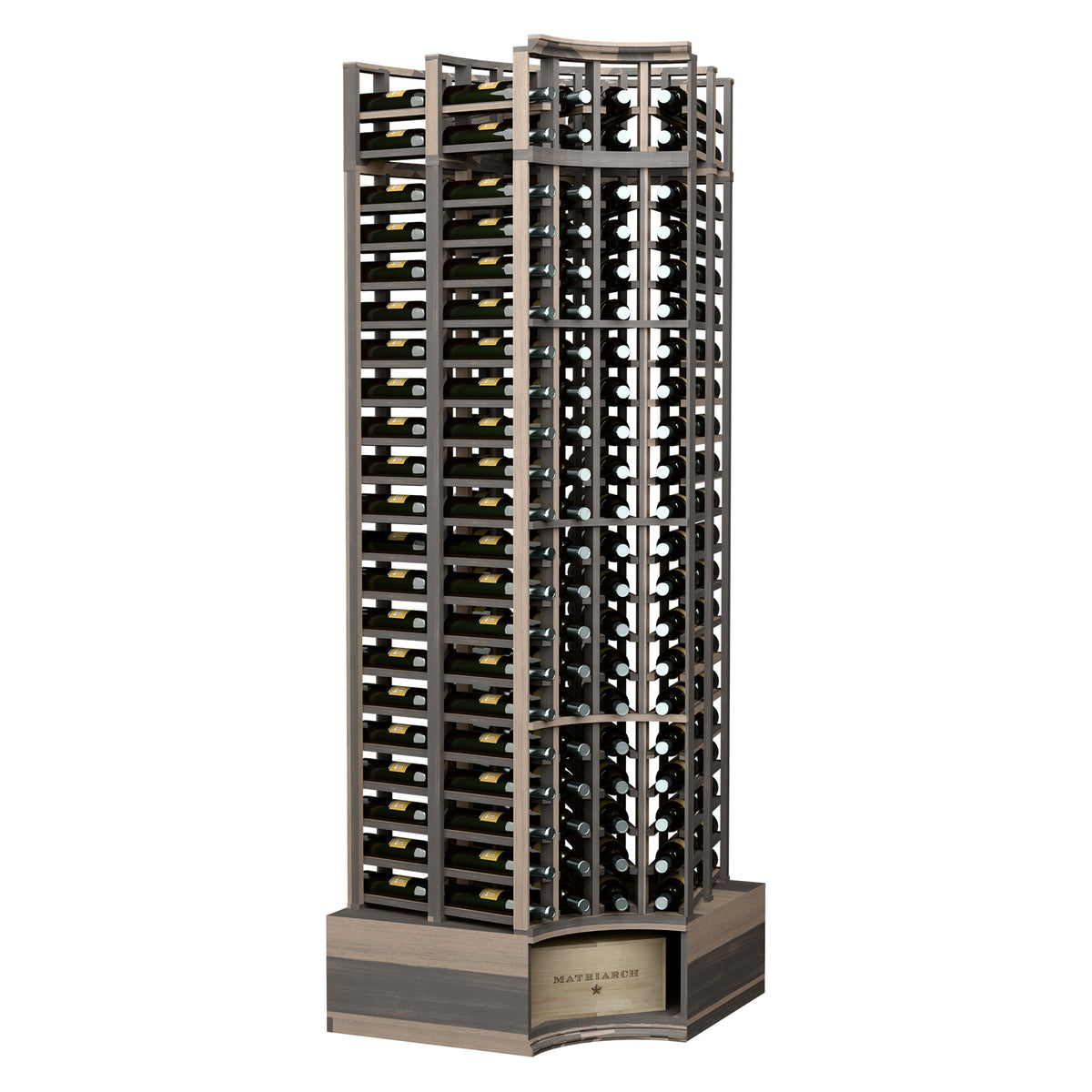 Curved-corner double-deep wine rack, dark wood frame with bottle slots and curved base