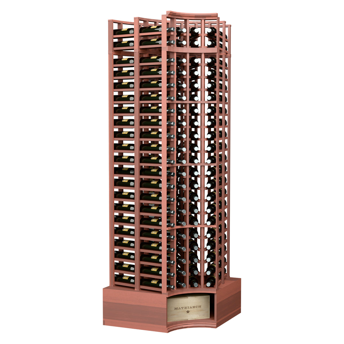 Curved-corner double-deep wine rack, reddish wood frame with bottle slots and curved base