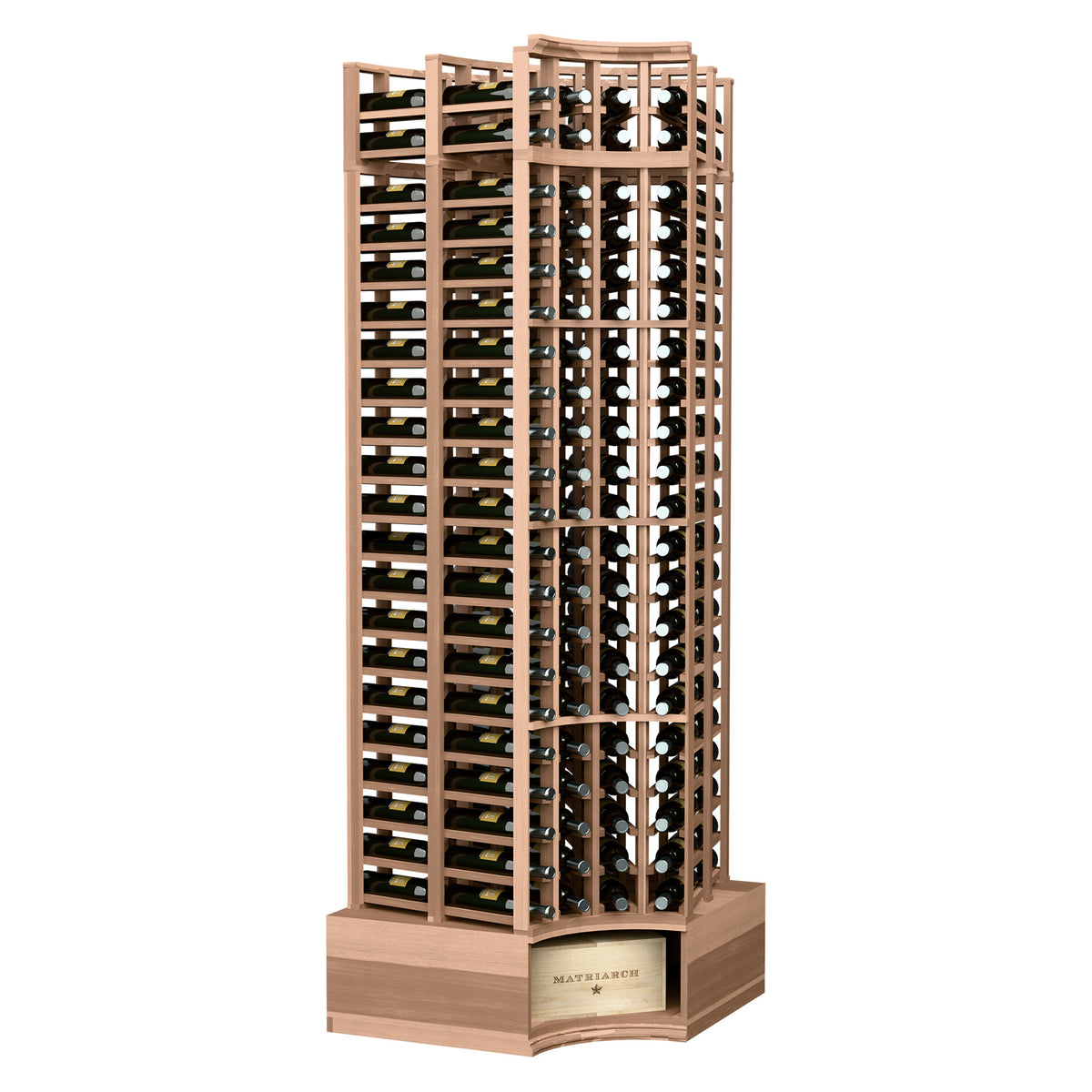 Curved-corner double-deep wine rack, light wood frame with bottle slots and curved base