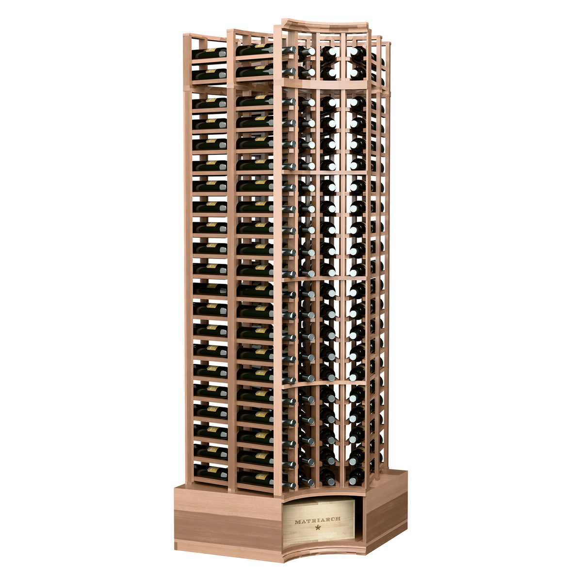 Curved-corner double-deep wine rack, light wood frame with bottle slots and curved base